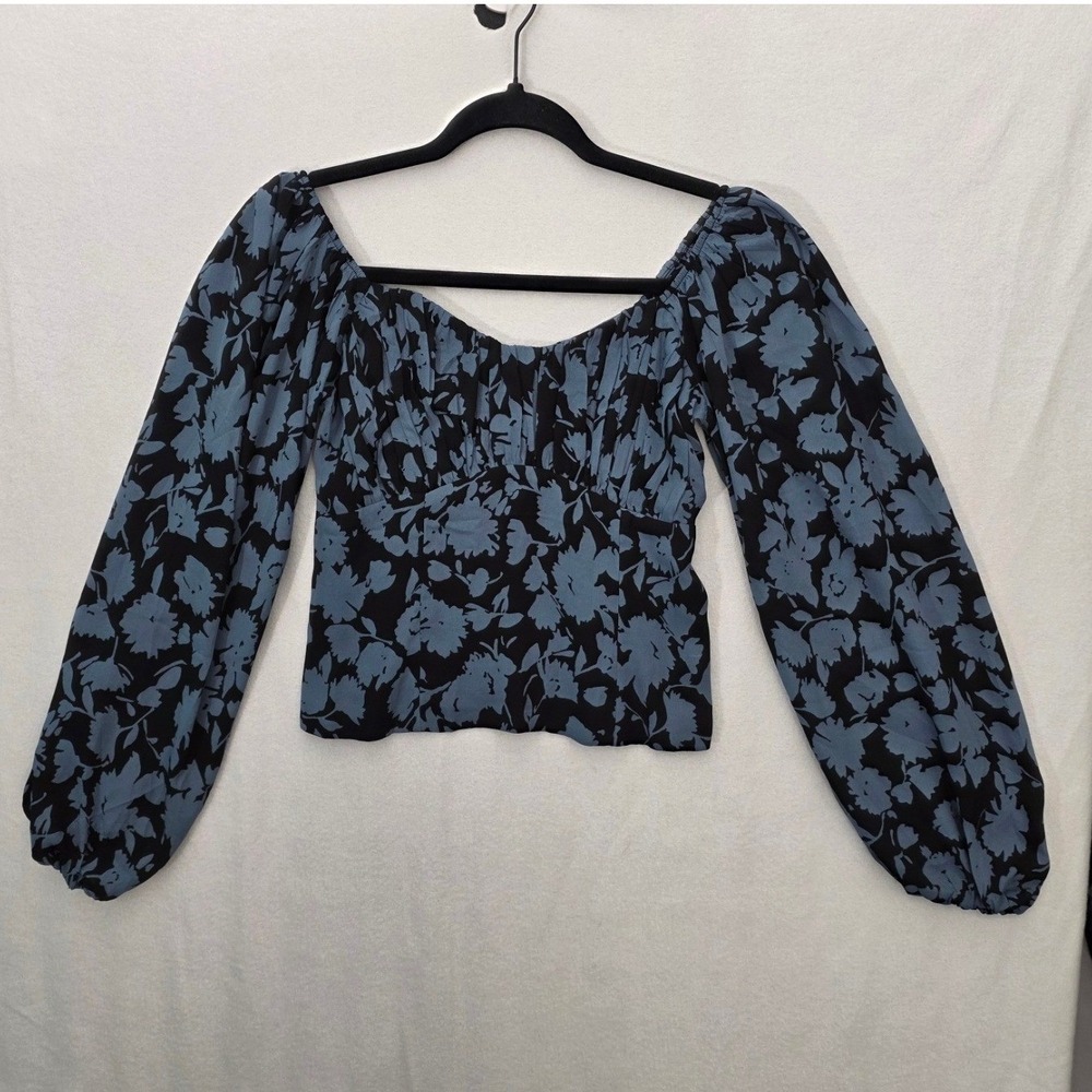 Abercrombie & Fitch Floral Puff Sleeve Top S Blue Black Smocked Cottagecore NWT